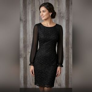 🖤✨️Connected Apparel Black Sequin Cocktail Dress Chiffon Bell Sleeve | Size 14